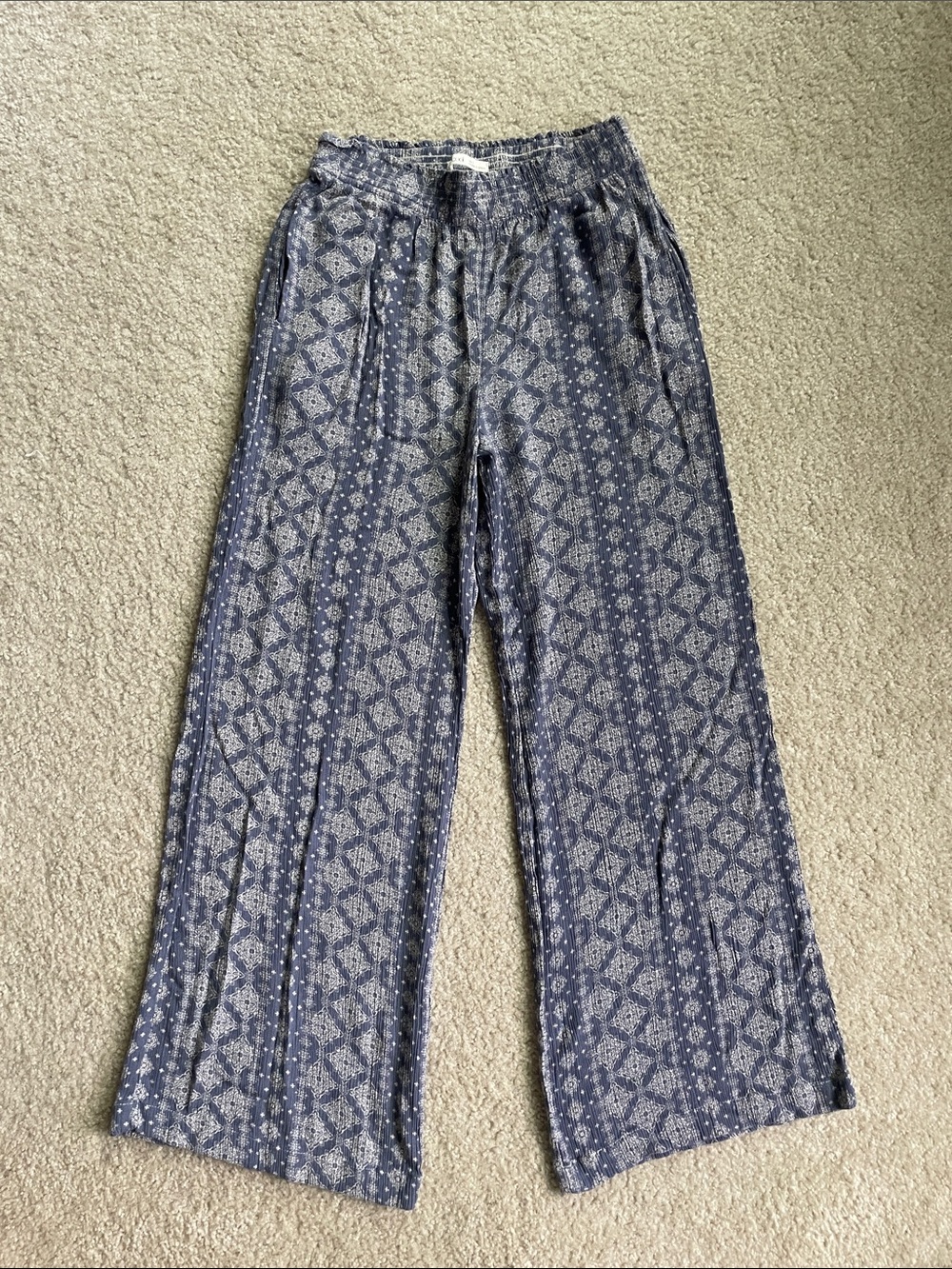 Navy Blue Patterned Wide Leg Gauzy Pants small